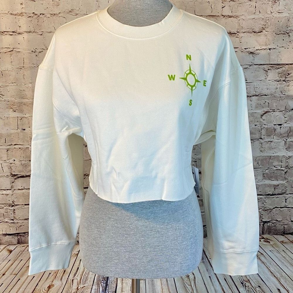 BP Women Ivory Green Topographic Topo Long Sleeve Crewneck Crop Sweatshirt Small